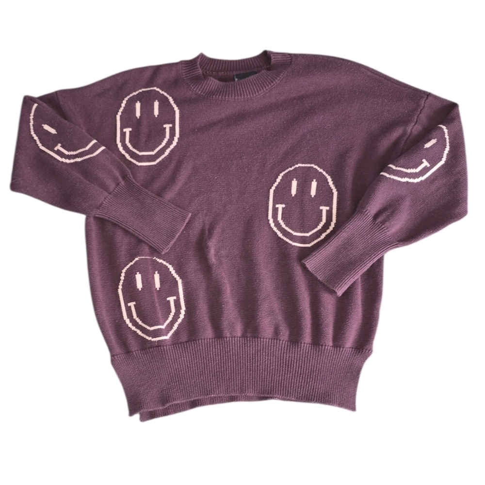Miou Muse Smiley Face Knit Sweater in Plum Purple Size L